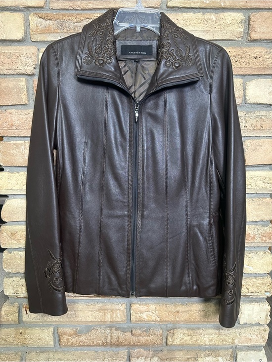 Jones New York Jackets & Blazers - Jones New York Brown Leather Jacket with Embroidered Collar and Sleeves Size M